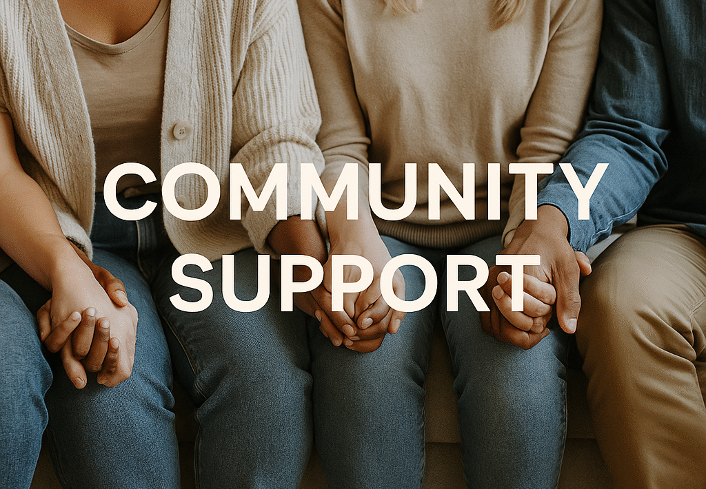people sitting holding hands with the title Community Support written across the image.