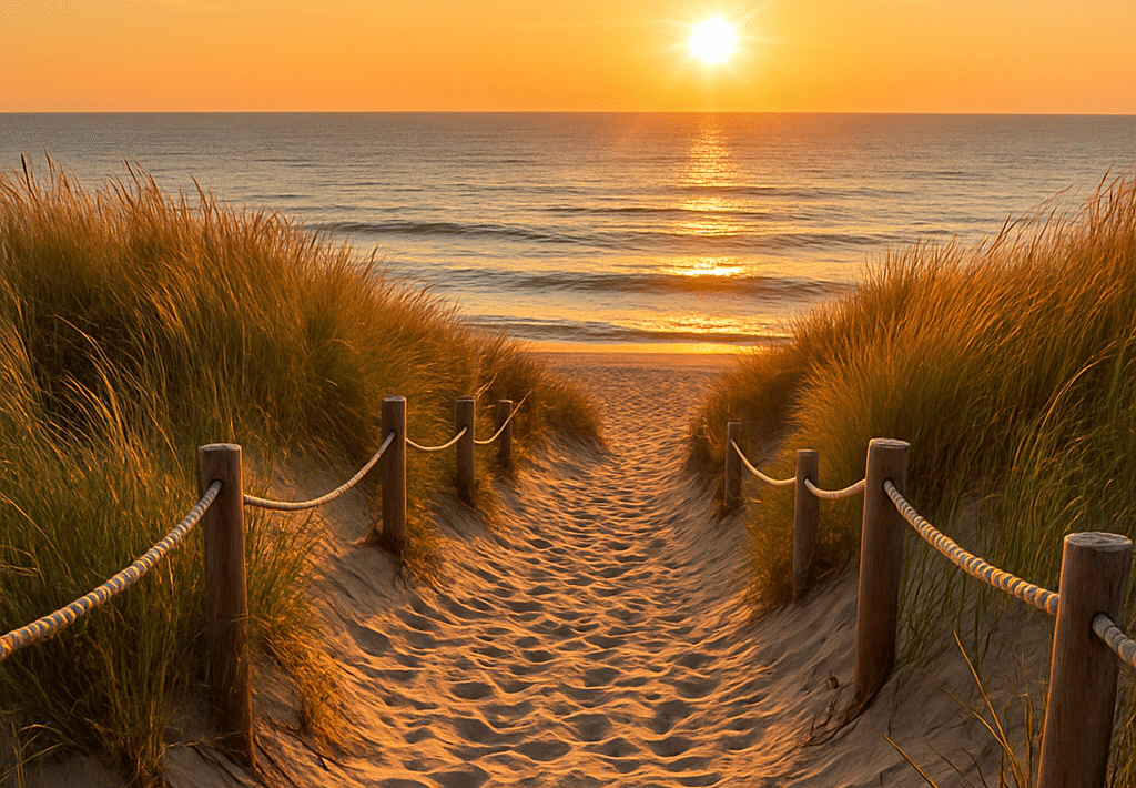 A sandy path lined with tall beach grass and wooden posts leads to a calm ocean at sunset. The sky is painted with warm hues of orange and gold, and the sun reflects gently off the water, creating a peaceful and inviting scene.