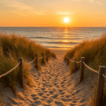 A sandy path lined with tall beach grass and wooden posts leads to a calm ocean at sunset. The sky is painted with warm hues of orange and gold, and the sun reflects gently off the water, creating a peaceful and inviting scene.