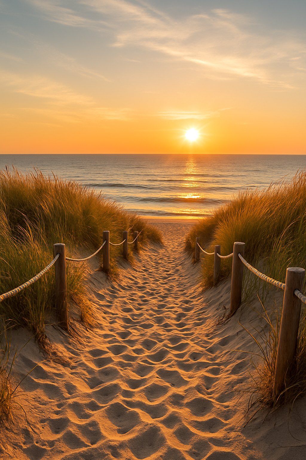 A sandy path lined with tall beach grass and wooden posts leads to a calm ocean at sunset. The sky is painted with warm hues of orange and gold, and the sun reflects gently off the water, creating a peaceful and inviting scene.